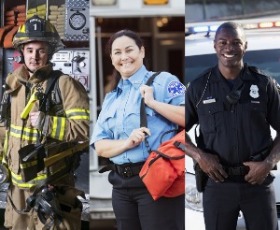 An image of a firefighter, an EMS worker and a police officer.