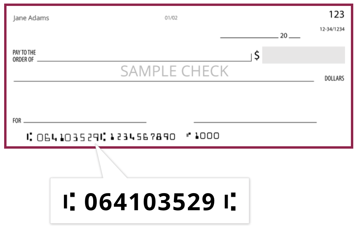 Sample check displaying routing number 064103529