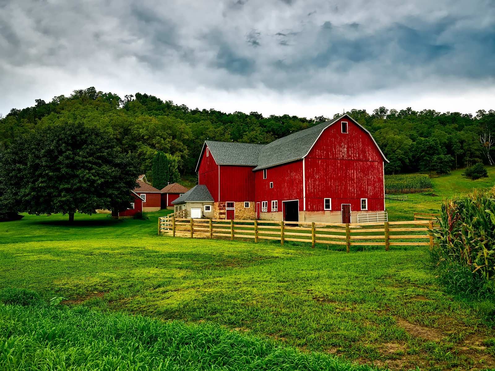 A red barn on a farm.